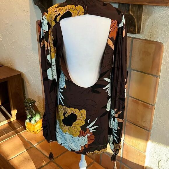 Free People Brown Floral Boho Balloon Sleeve Mini, size S - Picture 6 of 11